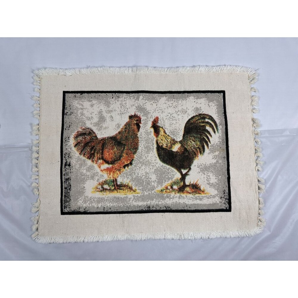 Set Of 6 Rustic Rooster Placemats Fringed Edges Linen Look Cottage Farmhouse - Picture 6 of 13
